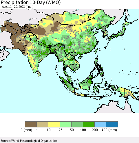 Asia Precipitation 10-Day (WMO) Thematic Map For 8/11/2023 - 8/20/2023