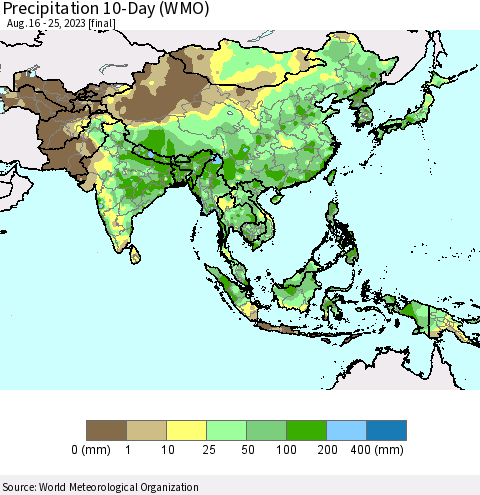 Asia Precipitation 10-Day (WMO) Thematic Map For 8/16/2023 - 8/25/2023