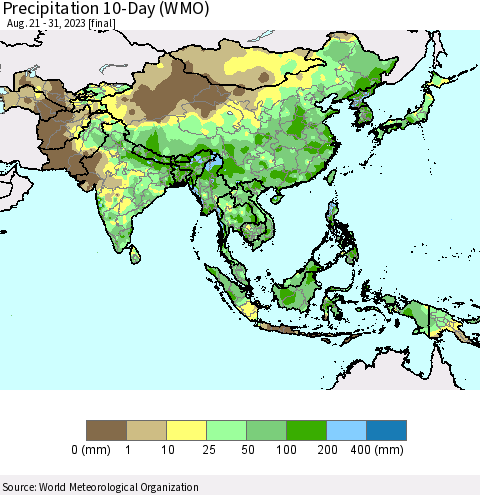 Asia Precipitation 10-Day (WMO) Thematic Map For 8/21/2023 - 8/31/2023