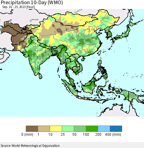Asia Precipitation 10-Day (WMO) Thematic Map For 9/16/2023 - 9/25/2023