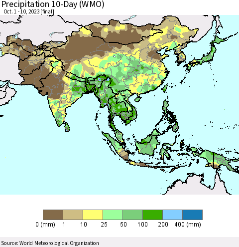 Asia Precipitation 10-Day (WMO) Thematic Map For 10/1/2023 - 10/10/2023
