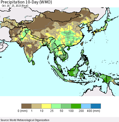 Asia Precipitation 10-Day (WMO) Thematic Map For 10/16/2023 - 10/25/2023