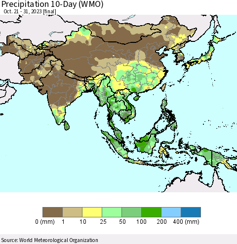 Asia Precipitation 10-Day (WMO) Thematic Map For 10/21/2023 - 10/31/2023