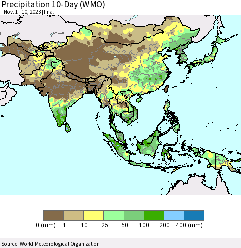 Asia Precipitation 10-Day (WMO) Thematic Map For 11/1/2023 - 11/10/2023