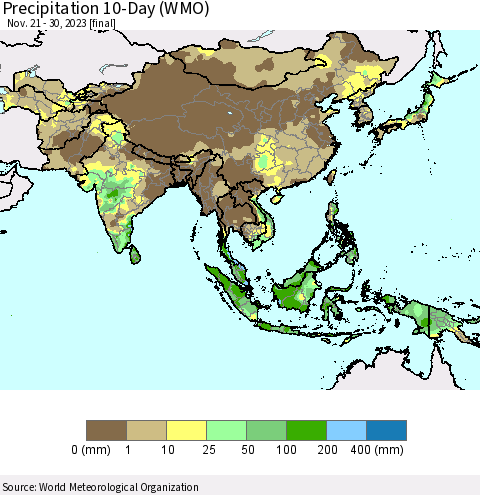 Asia Precipitation 10-Day (WMO) Thematic Map For 11/21/2023 - 11/30/2023