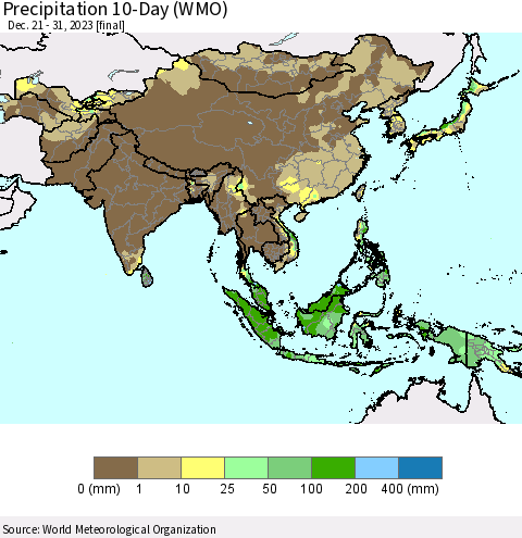 Asia Precipitation 10-Day (WMO) Thematic Map For 12/21/2023 - 12/31/2023