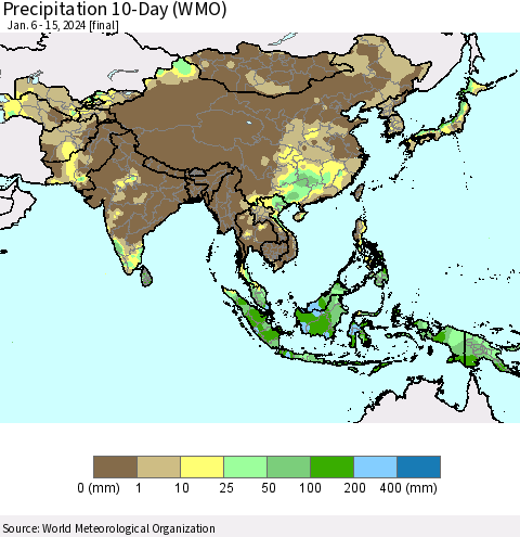 Asia Precipitation 10-Day (WMO) Thematic Map For 1/6/2024 - 1/15/2024