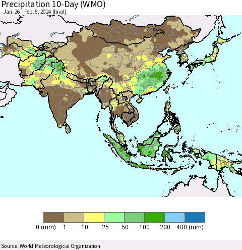 Asia Precipitation 10-Day (WMO) Thematic Map For 1/26/2024 - 2/5/2024
