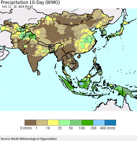 Asia Precipitation 10-Day (WMO) Thematic Map For 2/11/2024 - 2/20/2024