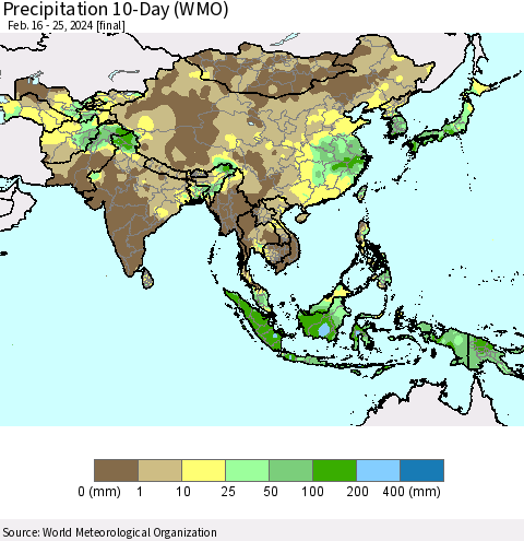 Asia Precipitation 10-Day (WMO) Thematic Map For 2/16/2024 - 2/25/2024