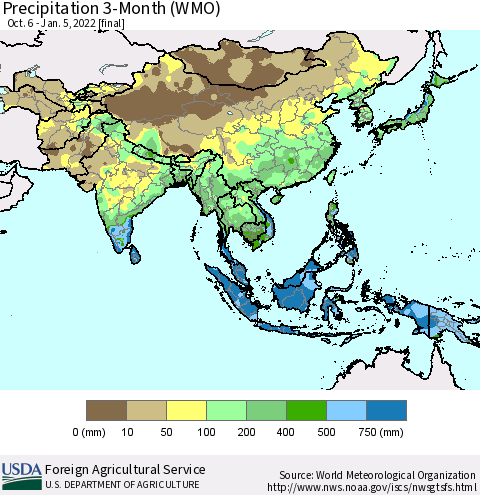 Asia Precipitation 3-Month (WMO) Thematic Map For 10/6/2021 - 1/5/2022