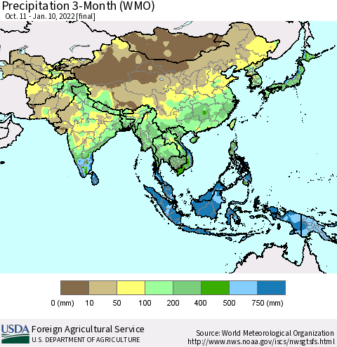 Asia Precipitation 3-Month (WMO) Thematic Map For 10/11/2021 - 1/10/2022