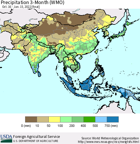 Asia Precipitation 3-Month (WMO) Thematic Map For 10/16/2021 - 1/15/2022