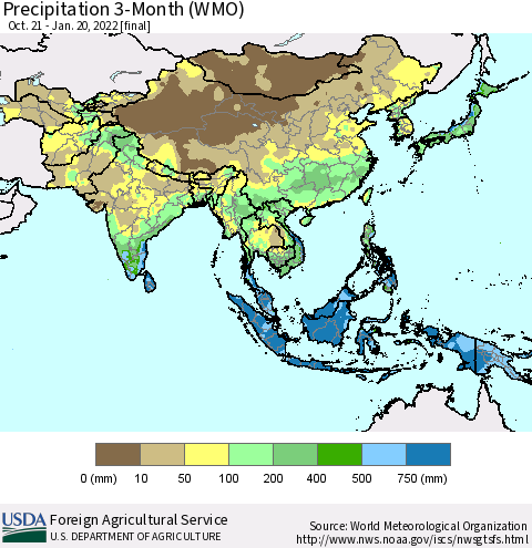 Asia Precipitation 3-Month (WMO) Thematic Map For 10/21/2021 - 1/20/2022