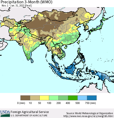 Asia Precipitation 3-Month (WMO) Thematic Map For 11/1/2021 - 1/31/2022