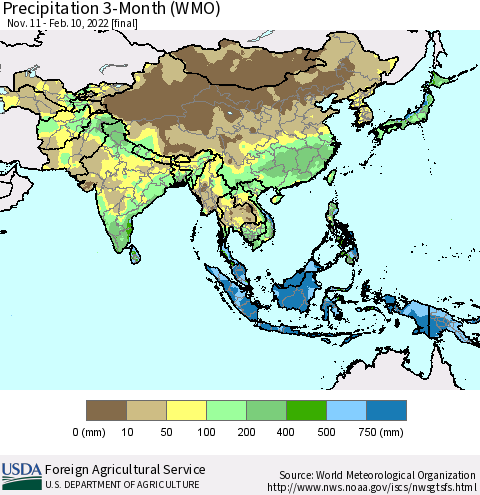 Asia Precipitation 3-Month (WMO) Thematic Map For 11/11/2021 - 2/10/2022