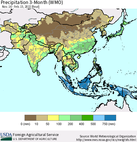 Asia Precipitation 3-Month (WMO) Thematic Map For 11/16/2021 - 2/15/2022