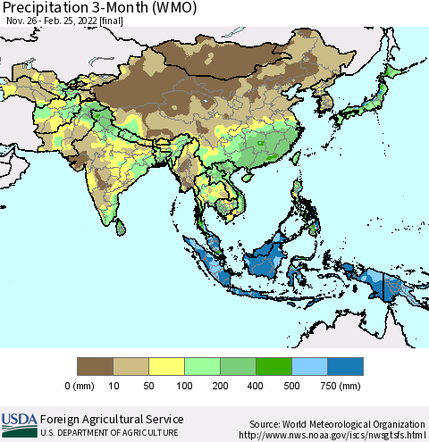 Asia Precipitation 3-Month (WMO) Thematic Map For 11/26/2021 - 2/25/2022