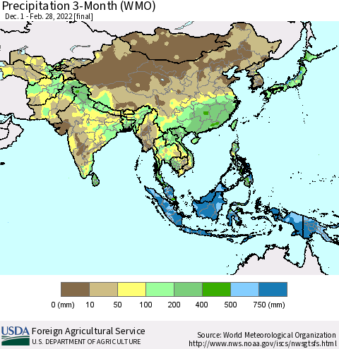 Asia Precipitation 3-Month (WMO) Thematic Map For 12/1/2021 - 2/28/2022
