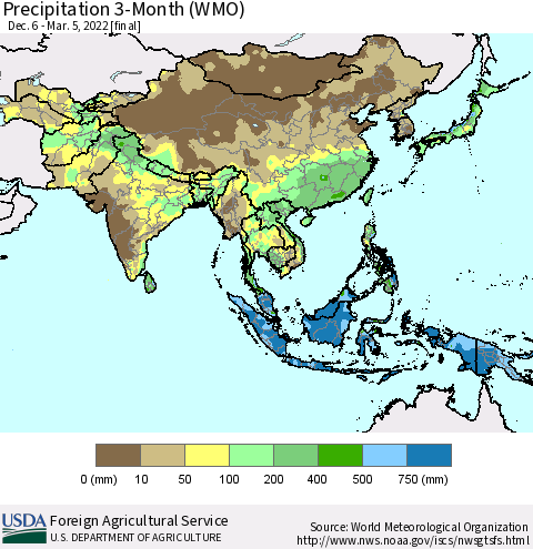 Asia Precipitation 3-Month (WMO) Thematic Map For 12/6/2021 - 3/5/2022