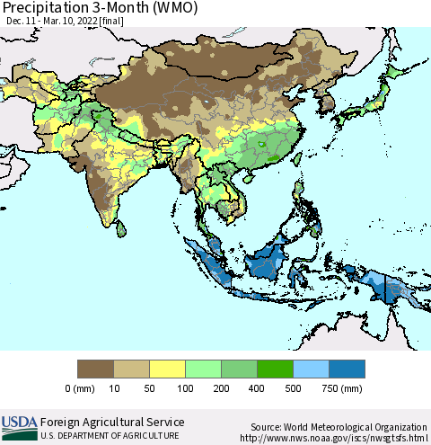 Asia Precipitation 3-Month (WMO) Thematic Map For 12/11/2021 - 3/10/2022