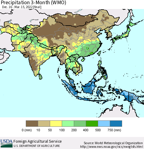 Asia Precipitation 3-Month (WMO) Thematic Map For 12/16/2021 - 3/15/2022