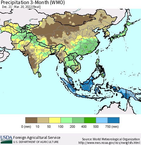 Asia Precipitation 3-Month (WMO) Thematic Map For 12/21/2021 - 3/20/2022
