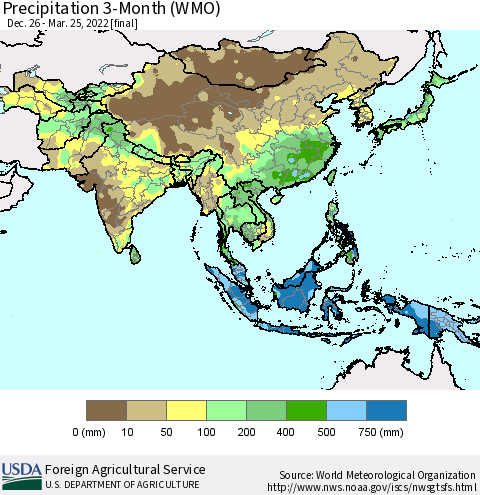 Asia Precipitation 3-Month (WMO) Thematic Map For 12/26/2021 - 3/25/2022