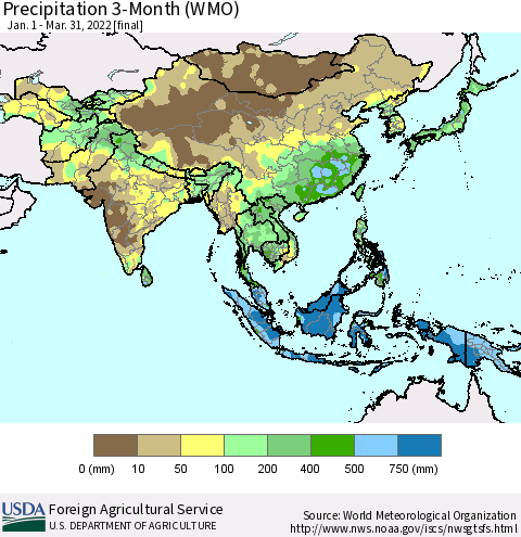 Asia Precipitation 3-Month (WMO) Thematic Map For 1/1/2022 - 3/31/2022