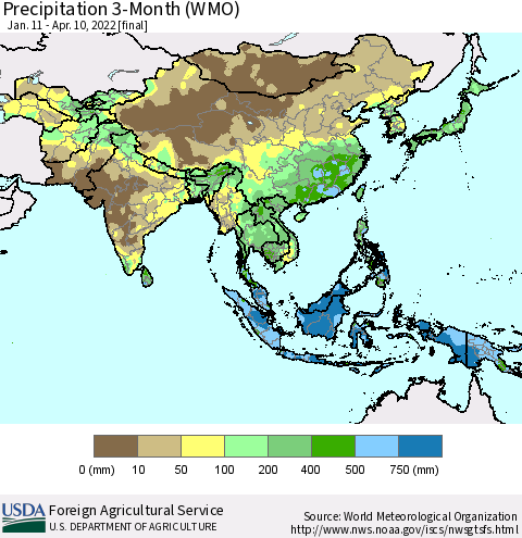 Asia Precipitation 3-Month (WMO) Thematic Map For 1/11/2022 - 4/10/2022