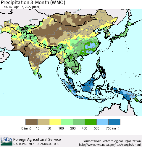 Asia Precipitation 3-Month (WMO) Thematic Map For 1/16/2022 - 4/15/2022