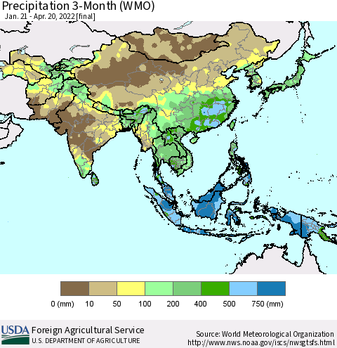 Asia Precipitation 3-Month (WMO) Thematic Map For 1/21/2022 - 4/20/2022