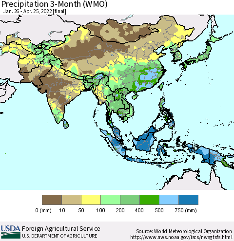 Asia Precipitation 3-Month (WMO) Thematic Map For 1/26/2022 - 4/25/2022
