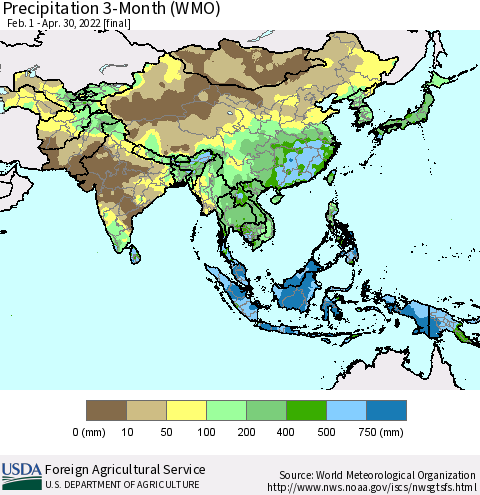 Asia Precipitation 3-Month (WMO) Thematic Map For 2/1/2022 - 4/30/2022