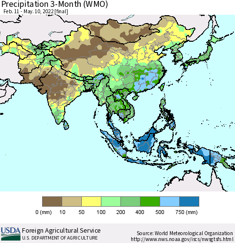 Asia Precipitation 3-Month (WMO) Thematic Map For 2/11/2022 - 5/10/2022