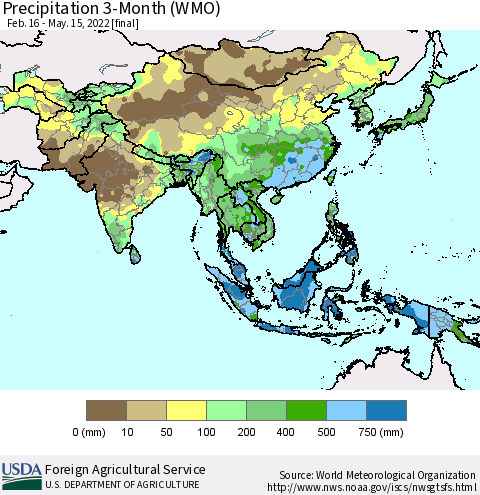 Asia Precipitation 3-Month (WMO) Thematic Map For 2/16/2022 - 5/15/2022