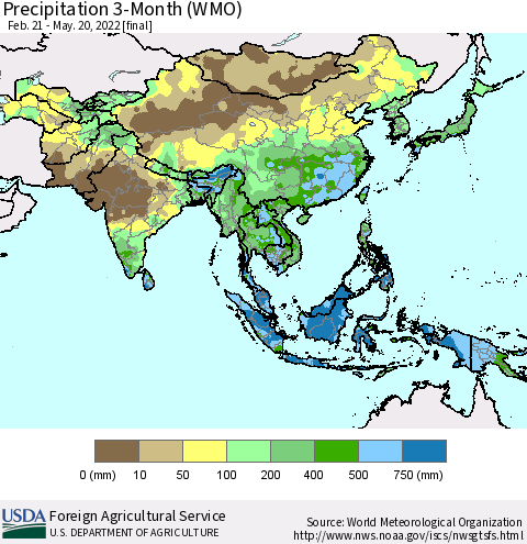 Asia Precipitation 3-Month (WMO) Thematic Map For 2/21/2022 - 5/20/2022