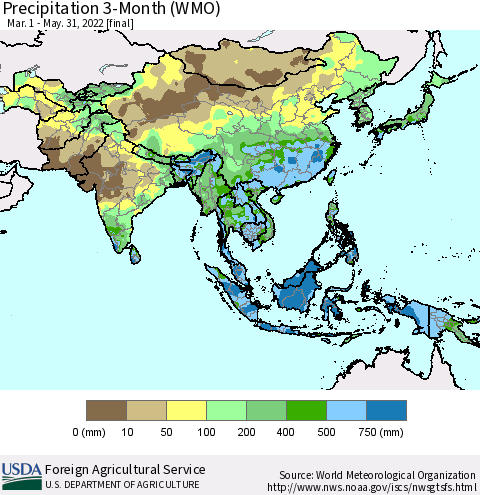 Asia Precipitation 3-Month (WMO) Thematic Map For 3/1/2022 - 5/31/2022