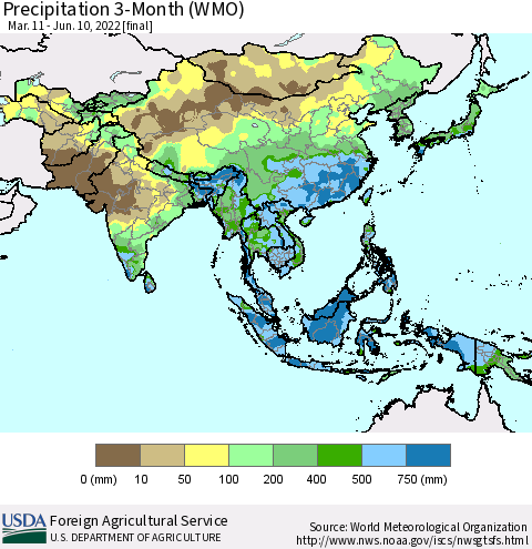 Asia Precipitation 3-Month (WMO) Thematic Map For 3/11/2022 - 6/10/2022