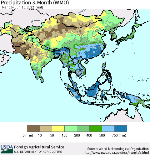 Asia Precipitation 3-Month (WMO) Thematic Map For 3/16/2022 - 6/15/2022
