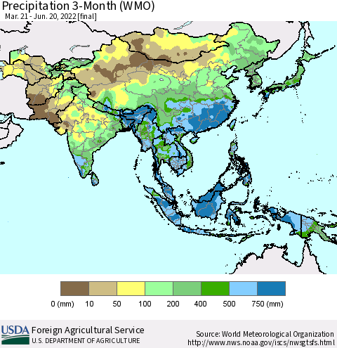 Asia Precipitation 3-Month (WMO) Thematic Map For 3/21/2022 - 6/20/2022