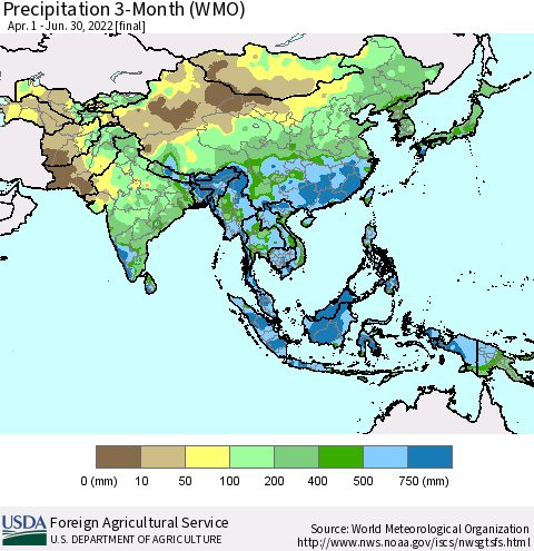 Asia Precipitation 3-Month (WMO) Thematic Map For 4/1/2022 - 6/30/2022