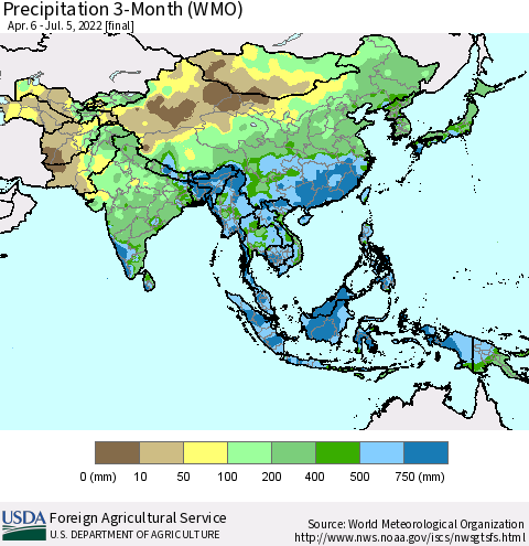 Asia Precipitation 3-Month (WMO) Thematic Map For 4/6/2022 - 7/5/2022