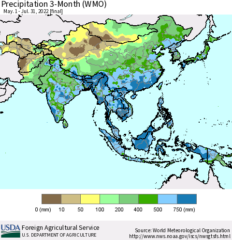 Asia Precipitation 3-Month (WMO) Thematic Map For 5/1/2022 - 7/31/2022