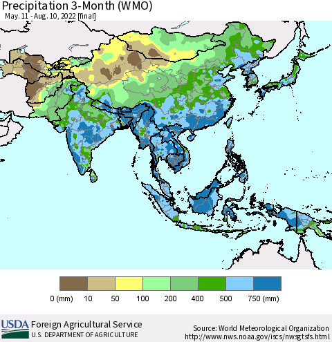 Asia Precipitation 3-Month (WMO) Thematic Map For 5/11/2022 - 8/10/2022