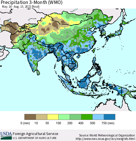 Asia Precipitation 3-Month (WMO) Thematic Map For 5/16/2022 - 8/15/2022
