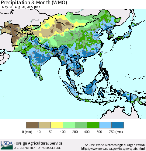 Asia Precipitation 3-Month (WMO) Thematic Map For 5/21/2022 - 8/20/2022