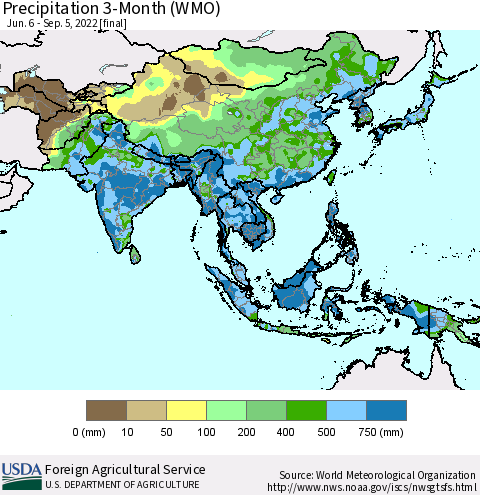 Asia Precipitation 3-Month (WMO) Thematic Map For 6/6/2022 - 9/5/2022