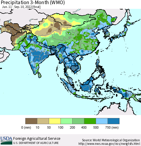 Asia Precipitation 3-Month (WMO) Thematic Map For 6/11/2022 - 9/10/2022