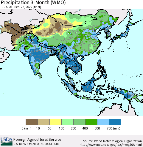 Asia Precipitation 3-Month (WMO) Thematic Map For 6/26/2022 - 9/25/2022